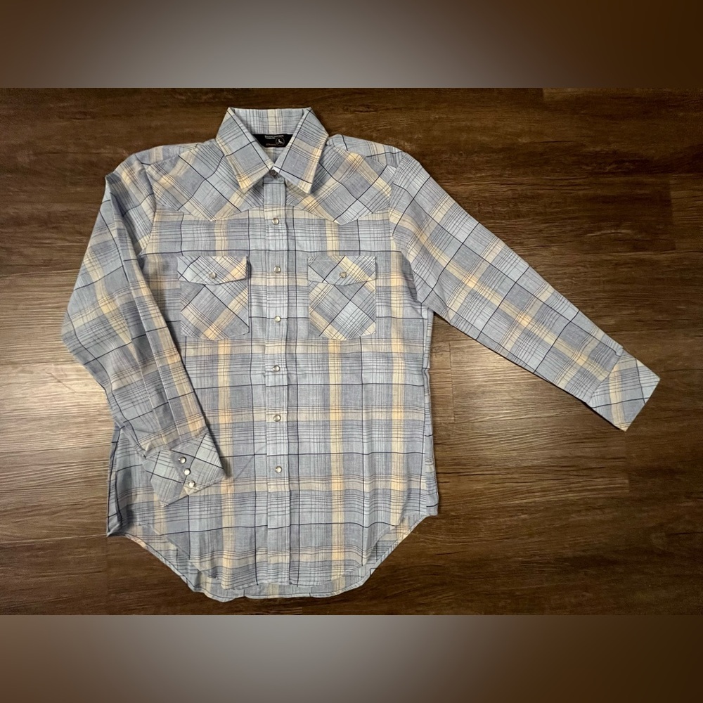 Vintage 70s JC Penney‎ Western Pearl Snap Blue Button Down Shirt Men’s Large F11